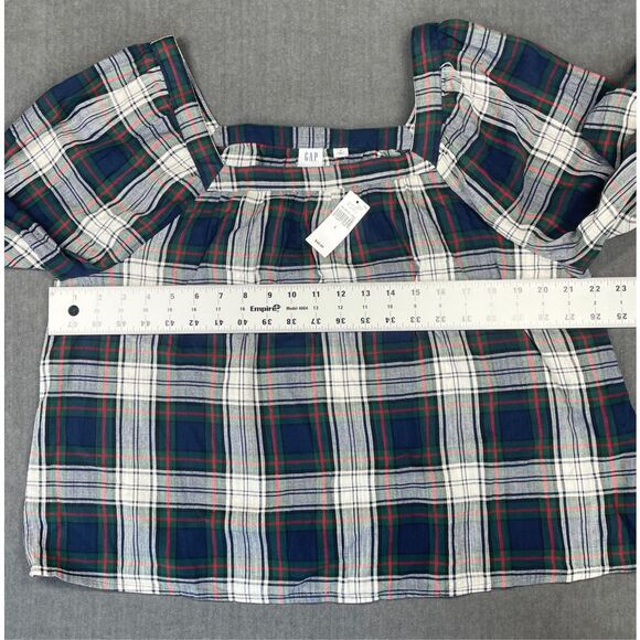 GAP Blouse Women L Navy Green Red Plaid Long Sleeve Peasant Top Holiday‎ Look - Picture 4 of 7